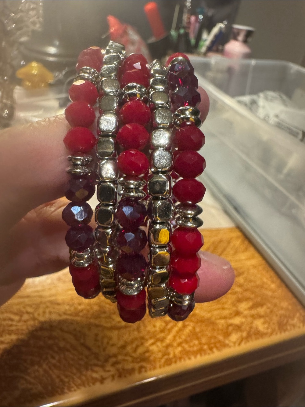 Red Faceted Bead and Silver Stretch Bracelet Set
